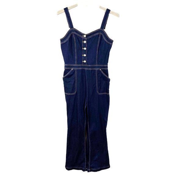 INC Denim Jumpsuit Flare leg 12 dark wash stretch pockets 70s Y2K - Picture 1 of 8